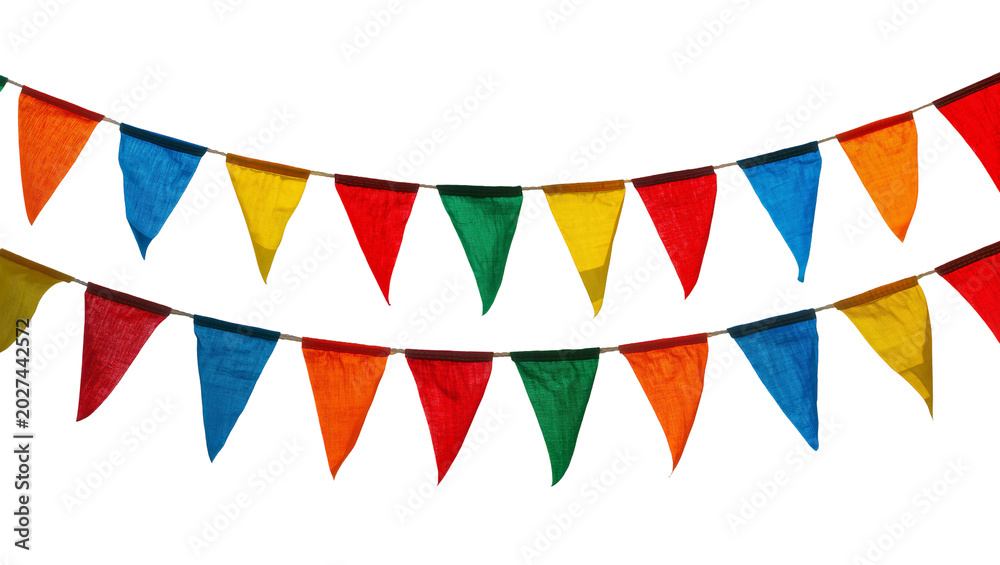 Obraz premium Colorful fabric triangle bunting flags strung on cords, isolated on transparent background