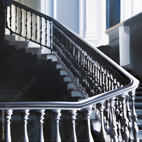Staircase With Black Railing in a Building With Soft Light From Windows