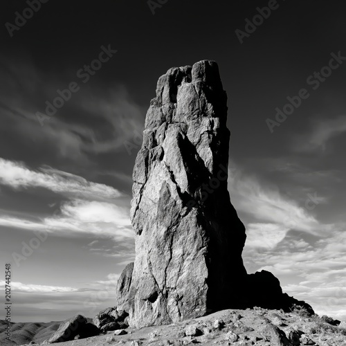Large Rock Formation in Black and White Under a Cloudy Sky in a Remote Area D...