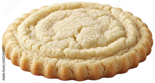 Round butter cookie topped with coarse white sugar crystals resting flat isolated transparent background image