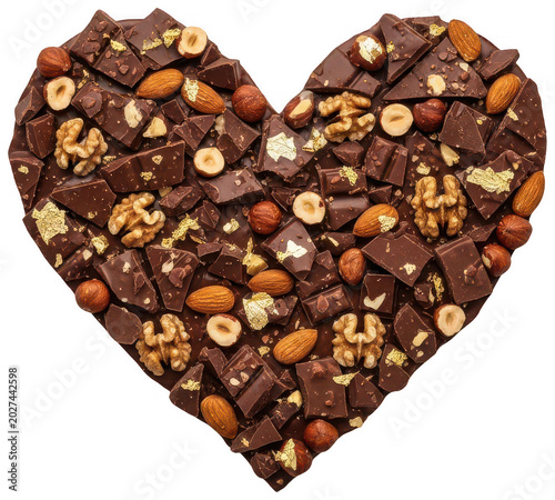 Dark chocolate pieces with almonds, walnuts and gold flakes in a heart shape isolated transparent background image