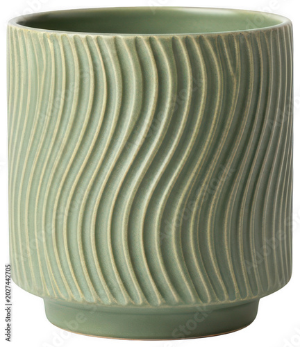 Matte sage green ceramic planter with elegant vertical wavy ridges sits upright isolated transparent background image