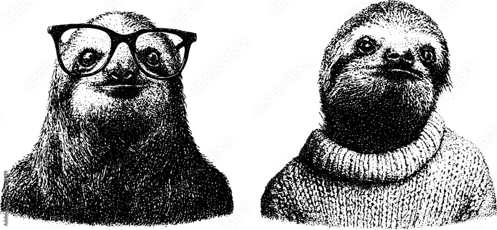 Fototapeta premium Two sloth portraits wearing sweaters and glasses on white background