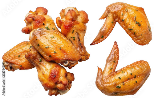 Golden crispy chicken wings and drumettes, perfectly cooked and seasoned isolated transparent background image