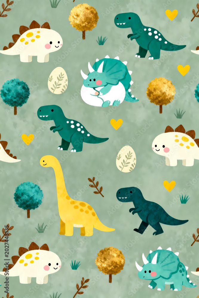 Obraz premium Watercolor baby dinosaur seamless pattern design