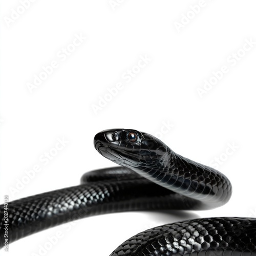 Black Snake Curls on a White Background Showing Head and Scales in Clear Detail