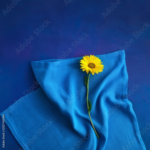 Bright Yellow Flower on Blue Fabric Background With Soft Folds and Textures