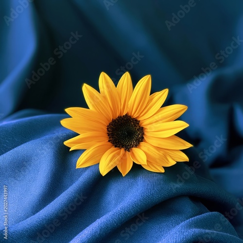 Bright Yellow Flower on Blue Fabric Background With Soft Folds and Textures