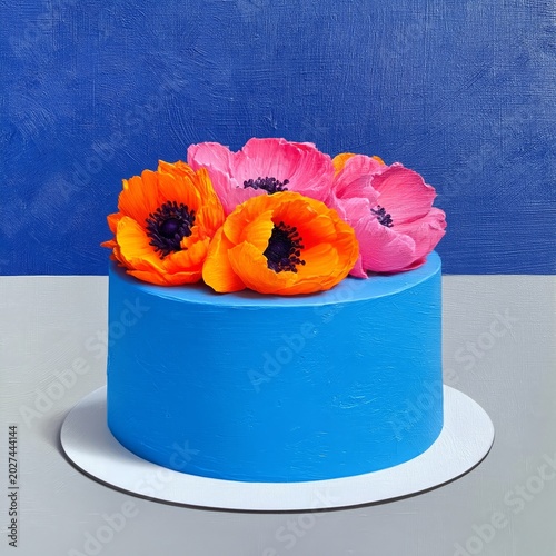 Colorful Cake With Flowers Placed on a Blue Background