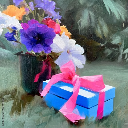 Colorful Flowers and Gift Box in a Garden Setting During Daytime