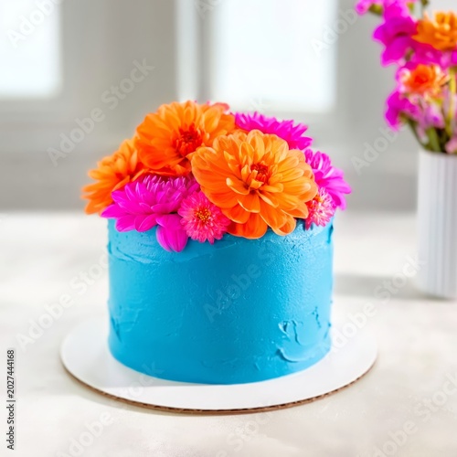 Colorful Cake With Flowers Placed on a Blue Background
