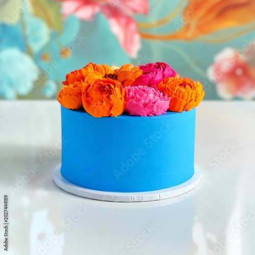 Bright Blue Cake With Orange and Pink Flowers on Top in a Rustic Setting