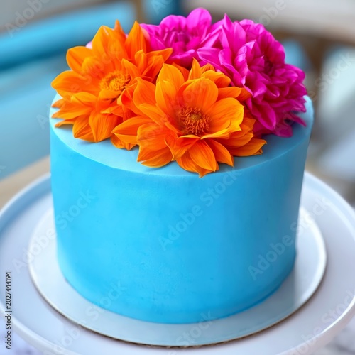 Bright Blue Cake With Orange and Pink Flowers on Top in a Rustic Setting
