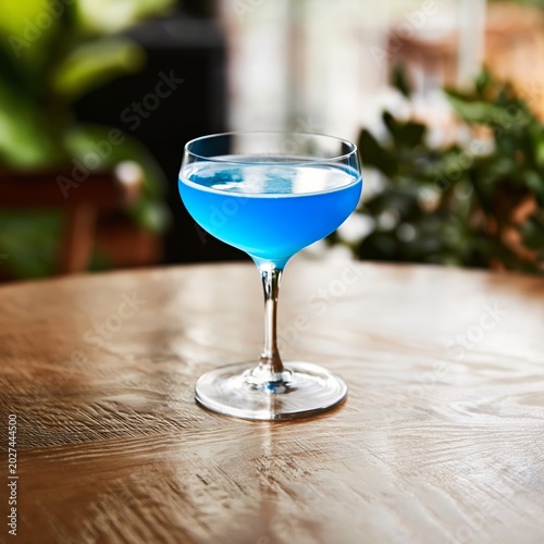 Bright Blue Drink in Glass on Wooden Table in Cafe Setting During Daytime