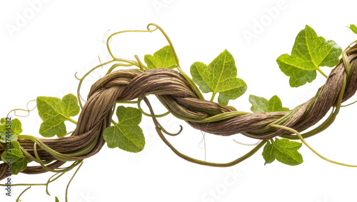 Obraz na plátne Thick twisted brown vine with green ivy leaves, isolated on transparent backgrou