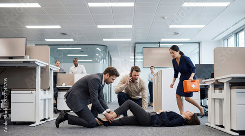 Colleagues responding to a medical emergency in a modern office