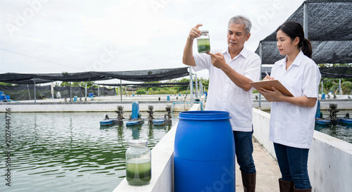 Scientists examining algae water sample at aquaculture fish farm