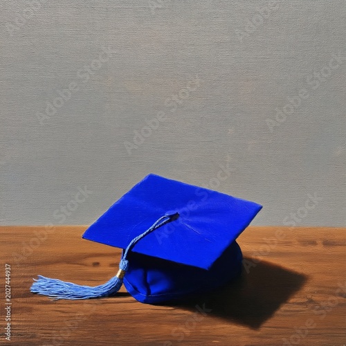 Graduation Cap Resting on Brown Wooden Table Against Plain Background