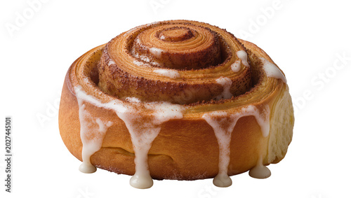 Bild auf Leinwand Golden brown cinnamon roll with drippy white icing, isolated on transparent back