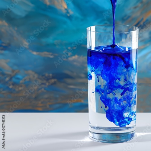 Water and Blue Dye Mix in a Glass on a Table With an Artistic Background