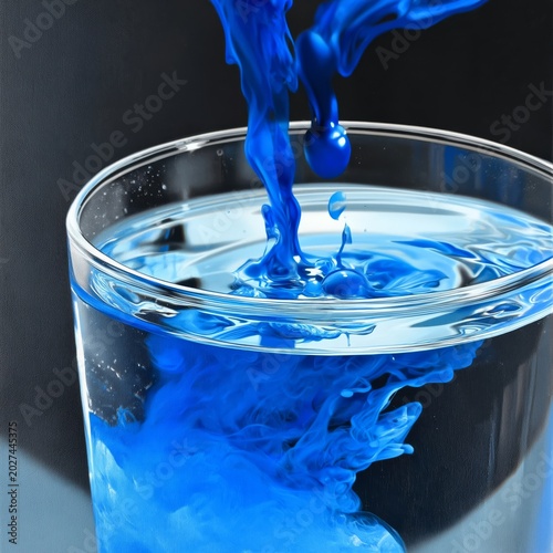 Liquid Blue Color Mixes in Clear Glass Filled With Water During Late Afternoo...