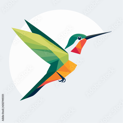 Colibri géométrique coloré en vol en illustration moderne