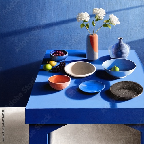 Colorful Glass Vases and Round Objects Sit on a Blue Table in a Bright Room D...