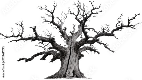 Fotografija Gnarled dead ancient oak tree with twisted branches, isolated on transparent bac