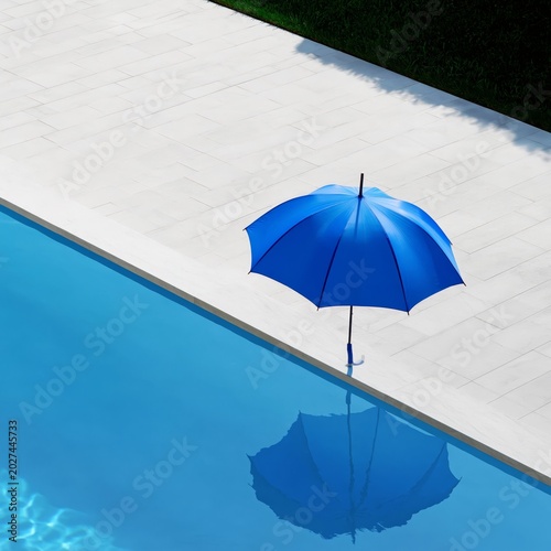Bright Blue Umbrella Stands Beside Crystal Clear Pool on Sunny Day