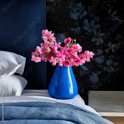 Bright Pink Flowers in a Blue Vase Placed on a White Surface in a Cozy Room D...