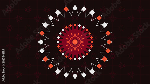 Vibrant red and white mandala design with geometric shapes and patterns on dark background