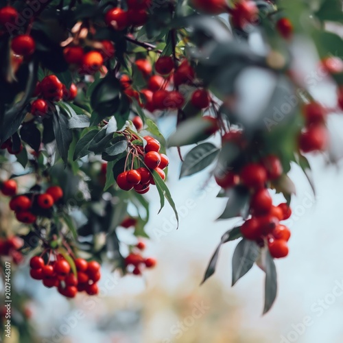 Red Berries Grow on Branches in a Sunny Garden During Warm Weather