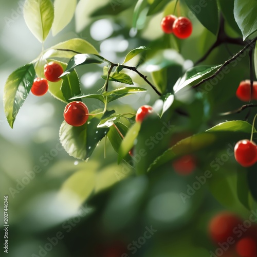 Red Berries Grow on Branches in a Sunny Garden During Warm Weather