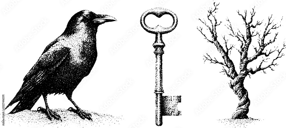 Fototapeta premium Raven standing beside key and twisted tree on white background