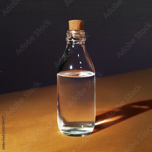 A Glass Bottle With Clear Liquid Sits on a Table Under Colorful Light in a Da...