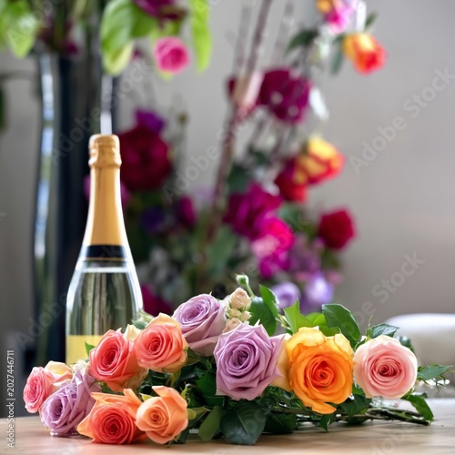 Celebration With Flowers and Champagne at a Festive Gathering in a Bright Room