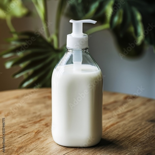 Bottle of Liquid Resting on a Wooden Table in a Bright Indoor Space With Plants
