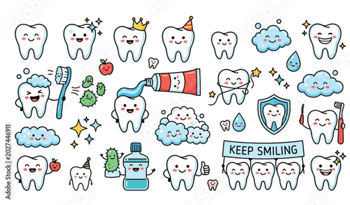 Tableau sur toile Cute cartoon teeth vector illustration with toothbrush toothpaste and foam doodl