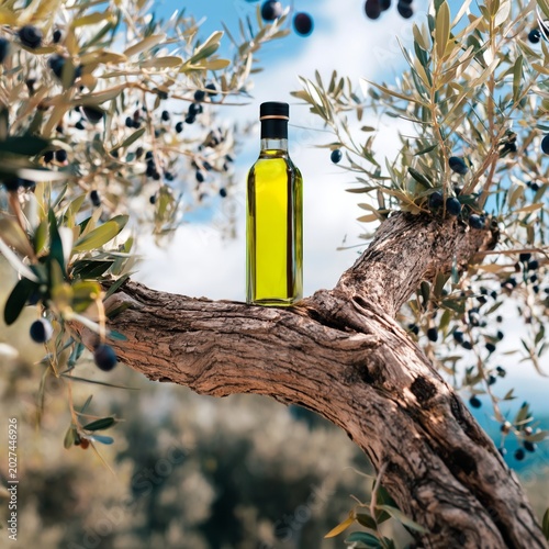 Olive Oil Bottle Placed on Tree Branch in Olive Grove Under Blue Sky