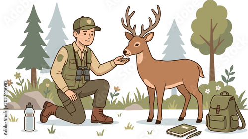 Foto Male park ranger or forest worker feeding a wild deer with antlers in the woods