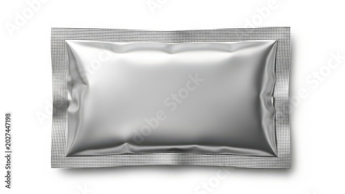 A shiny, crinkled foil pouch reflecting light in a studio setting.