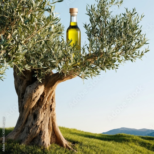 Olive Oil Bottle on Branch of Olive Tree in a Sunny Landscape With Mountains