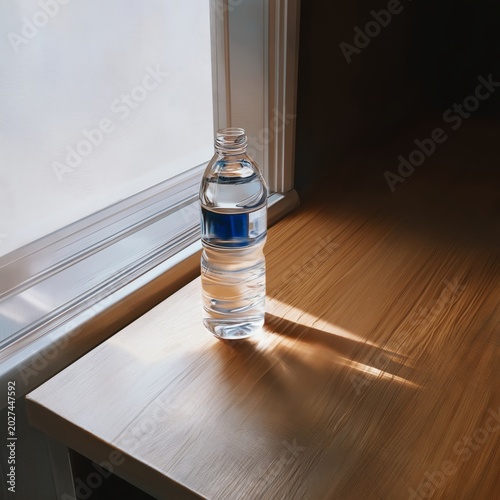 Water Bottle on Wooden Table Near Mountains at Sunset With Clouds in the Sky