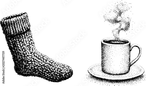 Wool sock beside steaming cup on saucer on white background