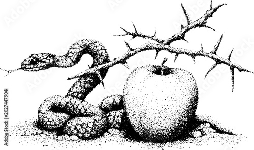 Snake coiled beside apple under thorny branch on ground