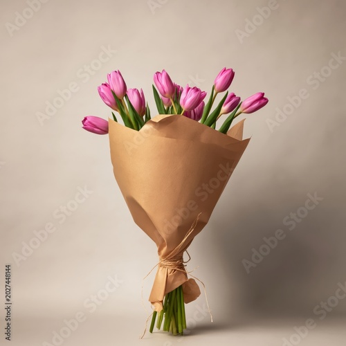 Bouquet of Pink Tulips Wrapped in Brown Paper on a Simple Background
