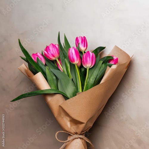 Bouquet of Pink Tulips Wrapped in Brown Paper on a Simple Background