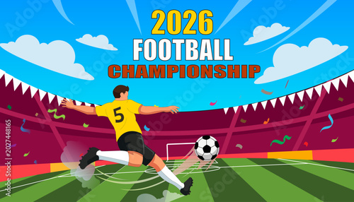 Illustration of a soccer player kicking a ball in a stadium for 2026 football championship