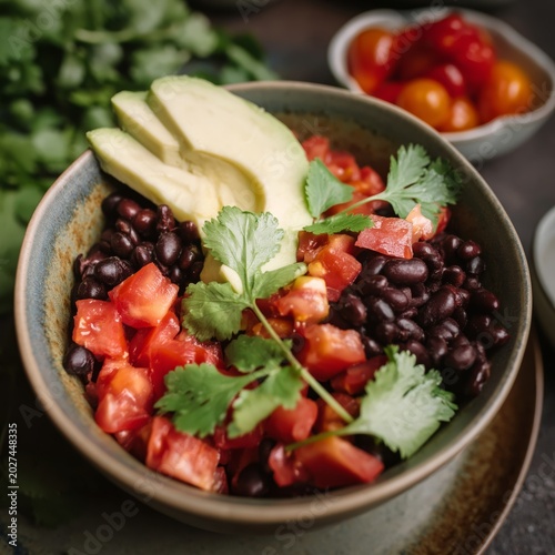 Black Beans, Avocado, Tomatoes, and Cilantro in a Bowl on a Blue Table