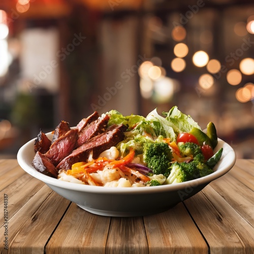 Mixed Bowl With Grilled Meat and Vegetables on a Wooden Table